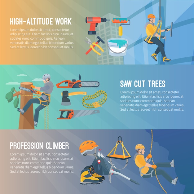 Banner horizontal de color plano sobre trabajo de gran altitud, sierra, árboles, profesión, escalador, vector, ilustración