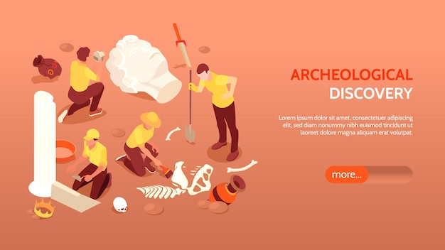 Vector gratuito banner horizontal de descubrimiento arqueológico con arqueólogos dedicados a excavaciones y hallazgos antiguos culturales paleontológicos isométricos