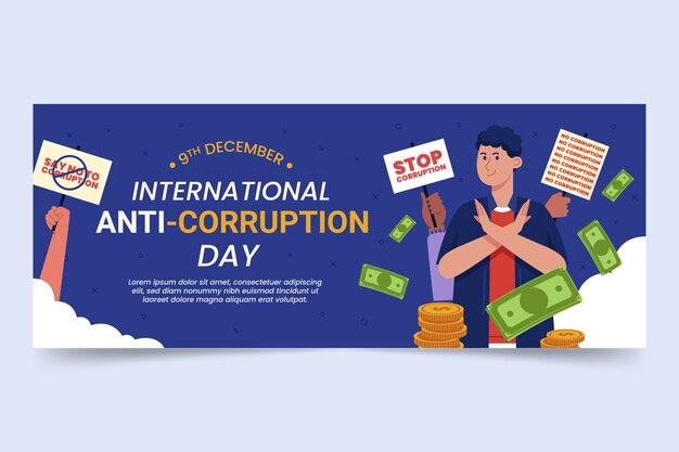 Banner horizontal del día anticorrupción plano dibujado a mano