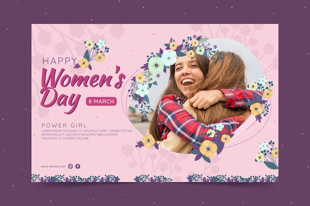 Banner horizontal para el día internacional de la mujer con mujeres y flores.