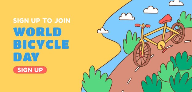 Banner horizontal del día mundial de la bicicleta dibujado a mano