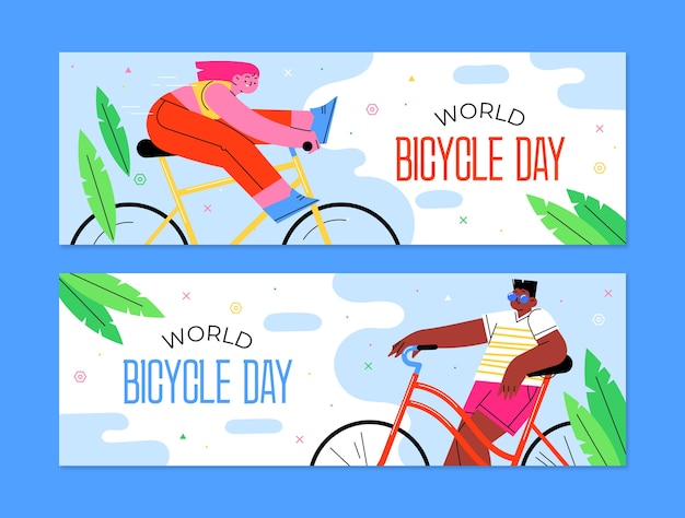 Banner horizontal del día mundial de la bicicleta dibujado a mano