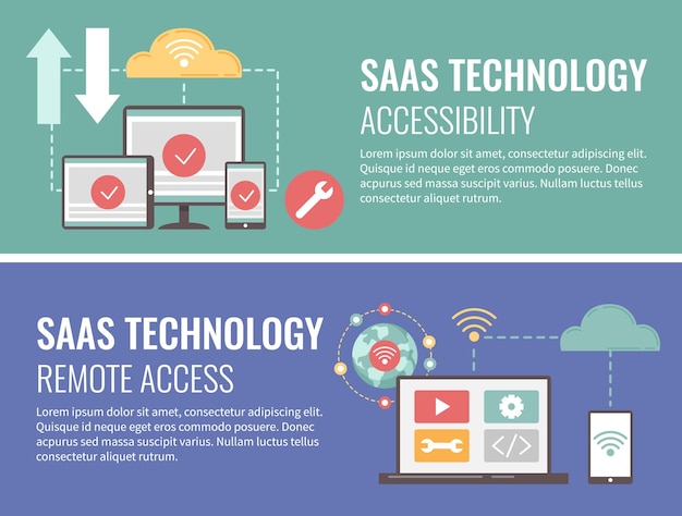 Vector gratuito banner horizontal de dibujos animados de concepto saas con software como símbolos de tecnologías de servicio ilustración vectorial aislada