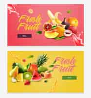 Vector gratuito banner horizontal de dos frutas realistas horizontales con título de fruta fresca y más botón