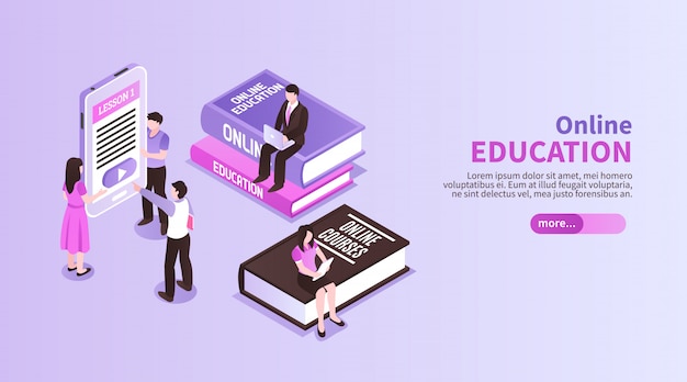 Banner horizontal de educación en línea con pequeñas figuras de personas sentadas en grandes tutoriales que promueven el estudio a distancia isométrico