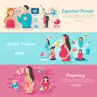 Vector gratuito banner horizontal de embarazo con elementos planos de padres y bebés aislados