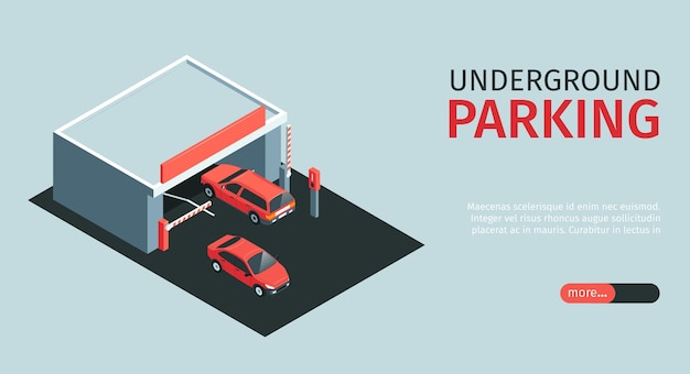 Vector gratuito banner horizontal de estacionamiento isométrico con control deslizante de texto editable, botón más y automóviles cerca de la entrada a la ilustración vectorial subterránea