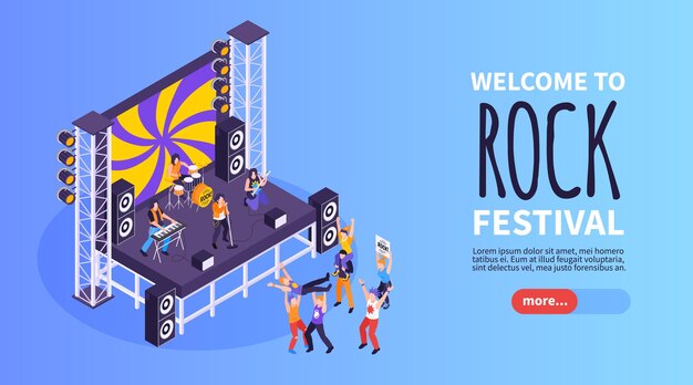 Banner horizontal de estrella de rock con símbolos de concierto de metal ilustración vectorial isométrica