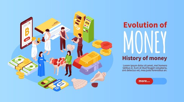 Banner horizontal de evolución de dinero isométrico con control deslizante más texto editable de botón y caracteres humanos con ilustración de vector de dinero