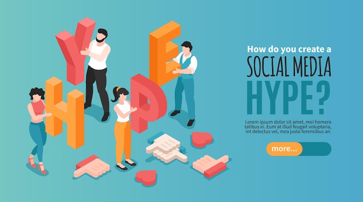 Vector gratuito banner horizontal de exageración de redes sociales con personajes humanos con letras y le gusta el isométrico 3d