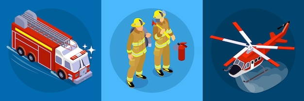 Banner horizontal de extinción de incendios que consta de tres partes cuadradas con ilustración de iconos isométricos de aviones de bomberos de bomberos