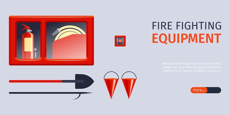 Vector gratuito banner horizontal de extintor de incendios con botón deslizante de texto editable e iconos de diferentes equipos de extinción de incendios ilustración vectorial