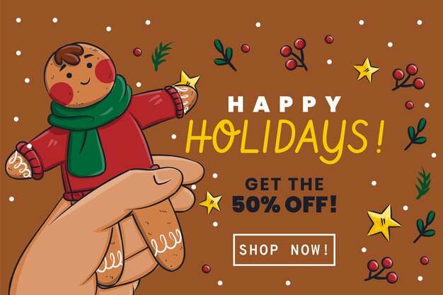 Banner horizontal de felices fiestas dibujadas a mano