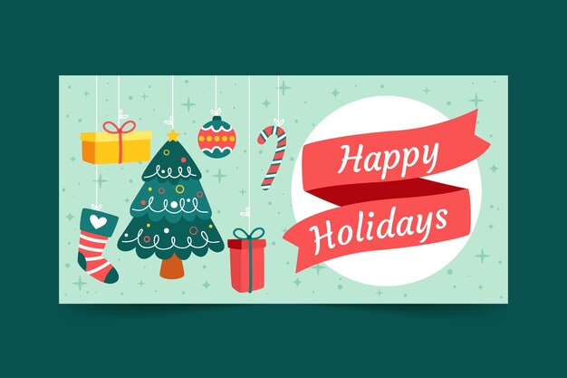 Banner horizontal de felices fiestas plano dibujado a mano