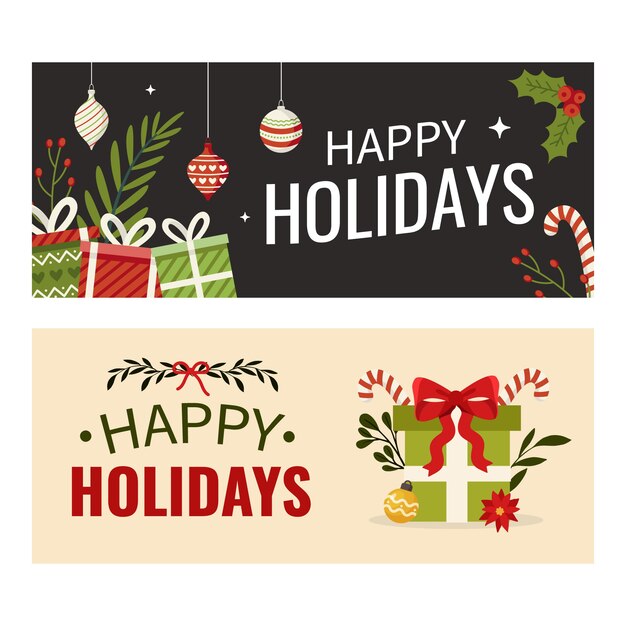 Banner horizontal de felices fiestas plano dibujado a mano