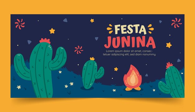 Banner horizontal de festas juninas plano dibujado a mano