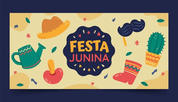 Banner horizontal de festas juninas plano dibujado a mano