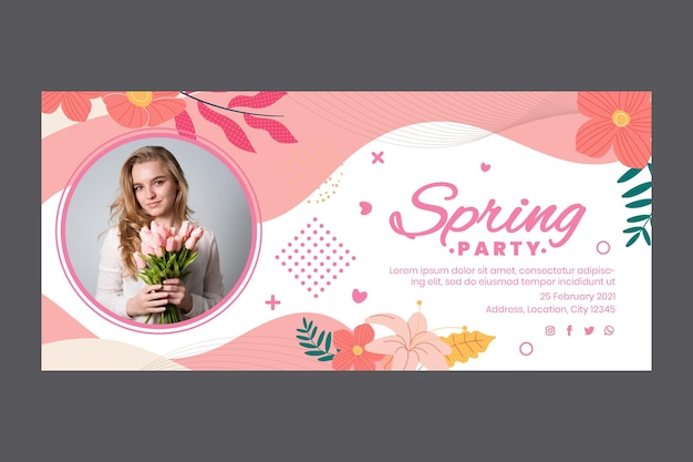 Vector gratuito banner horizontal para fiesta de primavera con mujer y flores.