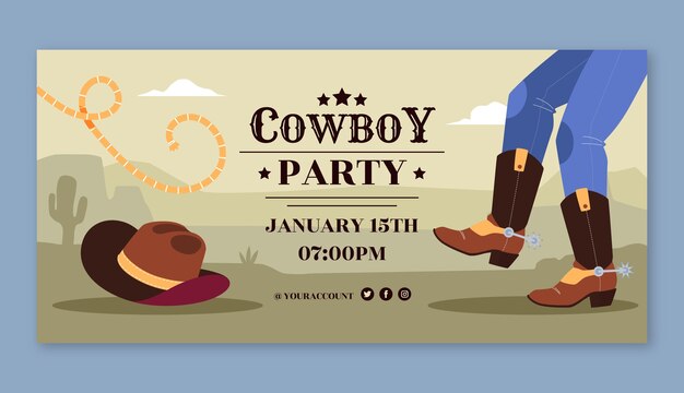 Banner horizontal de fiesta de vaquero dibujado a mano
