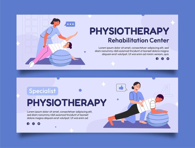 Banner horizontal de fisioterapia deportiva dibujado a mano