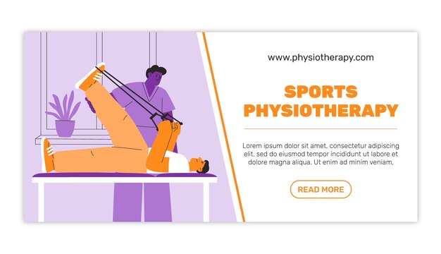 Banner horizontal de fisioterapia deportiva dibujado a mano