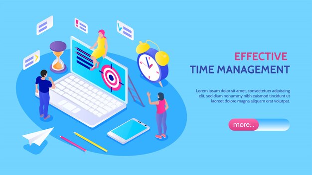 Banner horizontal de gestión eficaz del tiempo con iconos aislados de objetivo de reloj de arena de personajes masculinos y femeninos