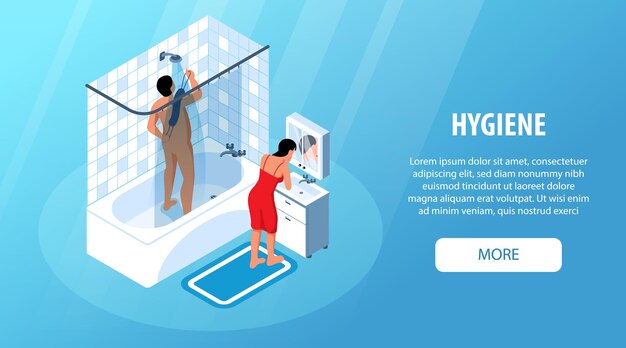Banner horizontal de higiene isométrica con texto más botón y personajes de bañista y mujer de lavado ilustración vectorial