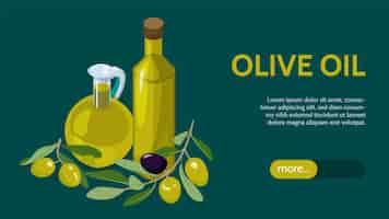Vector gratuito banner horizontal isométrico con botella de vidrio y jarra de aceite de oliva y ramas de árboles sobre fondo de color 3d ilustración vectorial