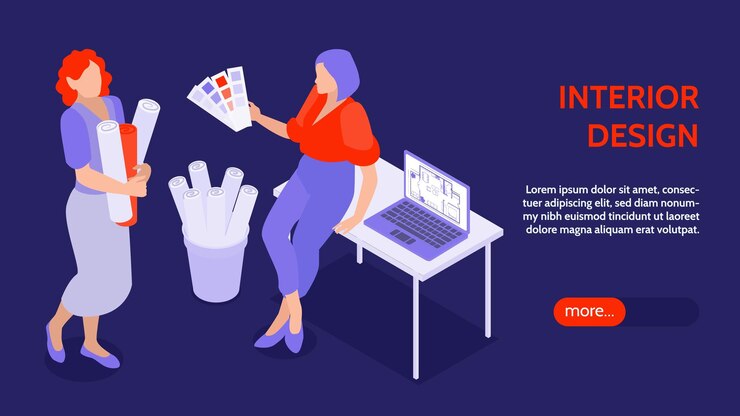 Vector gratuito banner horizontal isométrico de diseño de interiores con diseñadoras que trabajan en la ilustración de vector de oficina