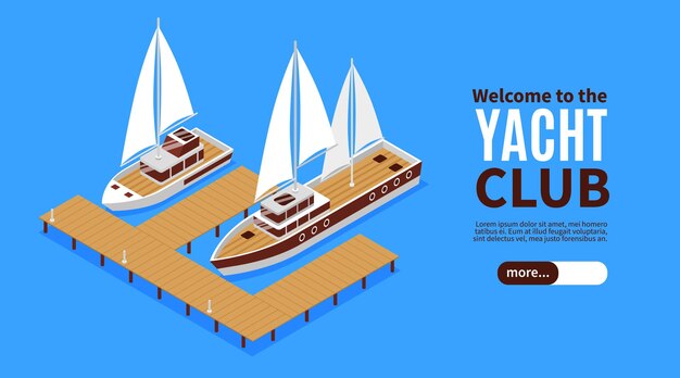 Banner horizontal isométrico con dos yates de lujo e ilustración de muelle de madera
