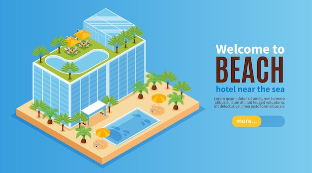 Vector gratuito banner horizontal isométrico del parque acuático del hotel con edificio con piscinas