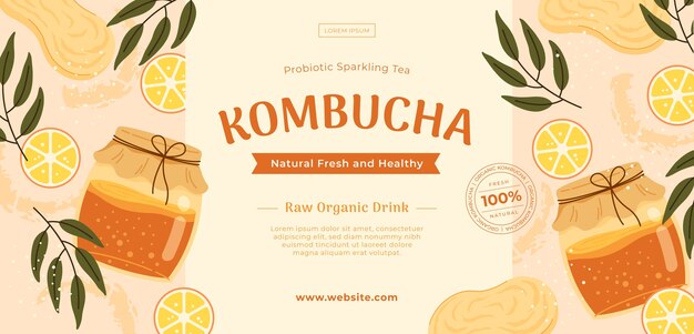 Banner horizontal de kombucha dibujado a mano
