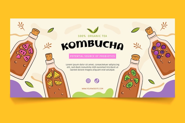 Banner horizontal de kombucha dibujado a mano