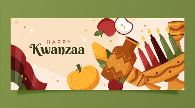 Banner horizontal de kwanzaa plano dibujado a mano