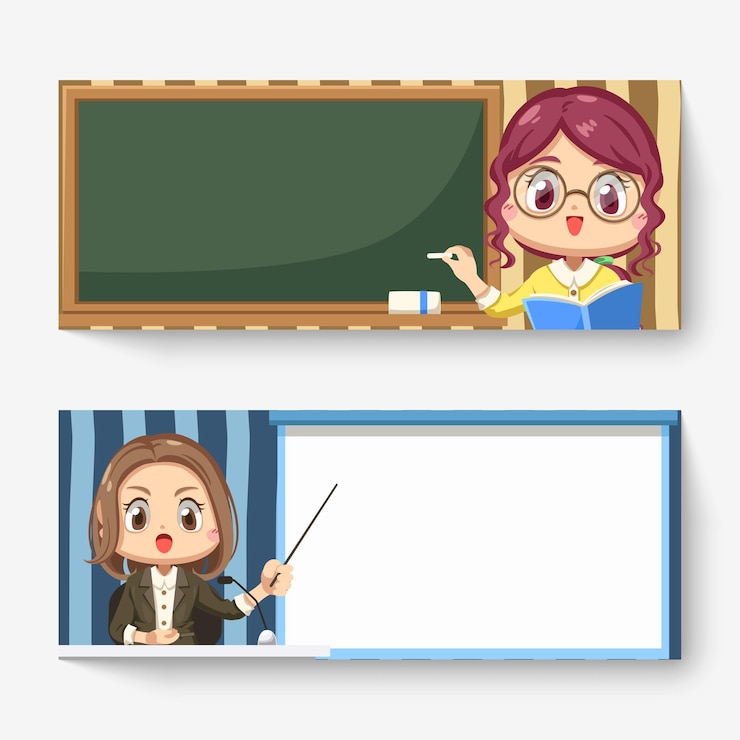 Vector gratuito banner horizontal de maestra con pizarra y periodista informando noticias en personaje de dibujos animados, ilustración plana aislada