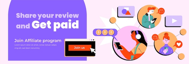Banner horizontal de marketing de afiliados de diseño plano dibujado a mano
