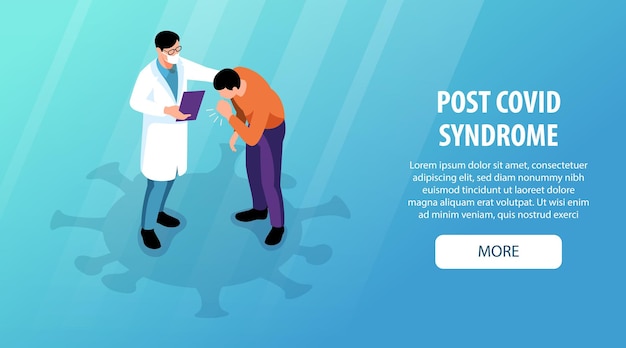 Banner horizontal del médico del síndrome post covid isométrico con texto editable en el que se puede hacer clic más botón y personajes humanos ilustración vectorial