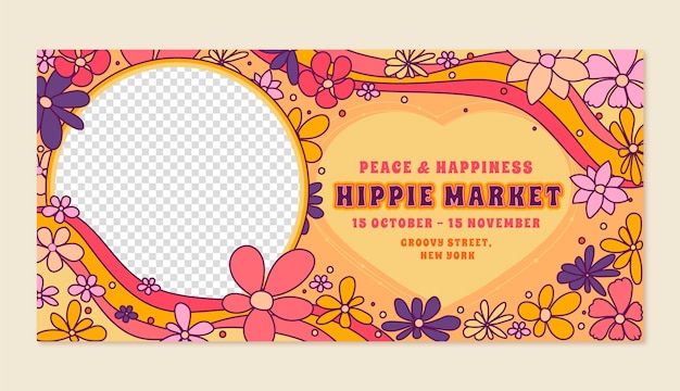 Banner horizontal del mercado hippie dibujado a mano