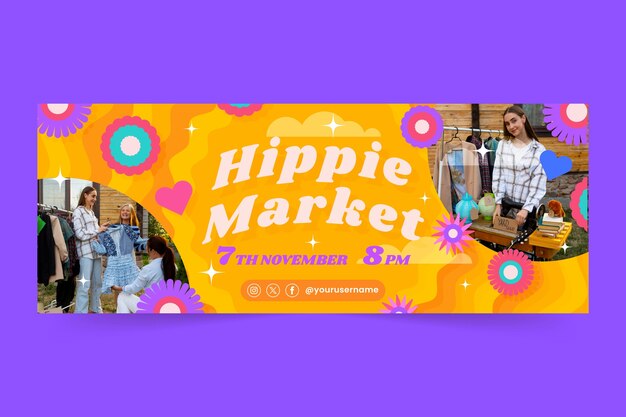 Banner horizontal del mercado hippie dibujado a mano