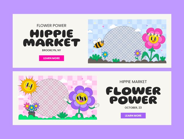 Banner horizontal del mercado hippie dibujado a mano