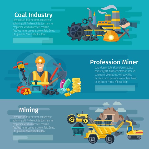 Banner horizontal minería con elementos planos de la industria del carbón