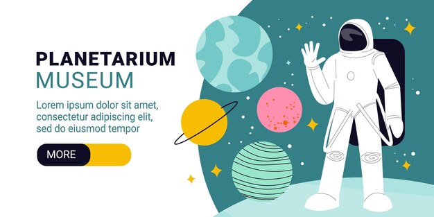 Banner horizontal del museo del planetario con astronauta en traje espacial en la ilustración de vector de fondo de cielo estrellado