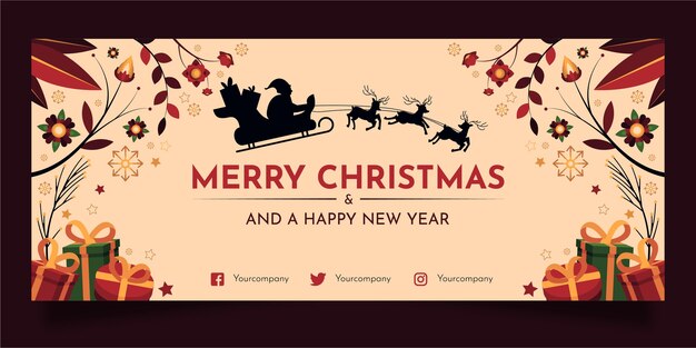 Banner horizontal de navidad plano dibujado a mano