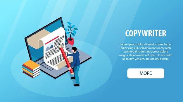 Banner horizontal de periodista isométrico con redactor y trozo de papel saliendo de la ilustración de vector de cuaderno