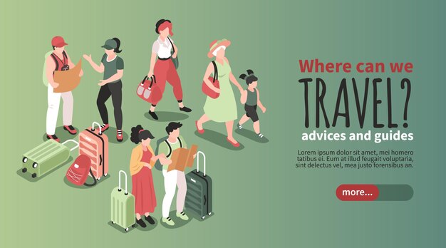 Banner horizontal de personas de viajes isométricos con personajes humanos de pasajeros con texto de bolsas y más ilustración de vector de botón