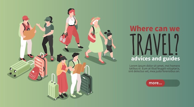 Banner horizontal de personas de viajes isométricos con personajes humanos de pasajeros con texto de bolsas y más ilustración de vector de botón