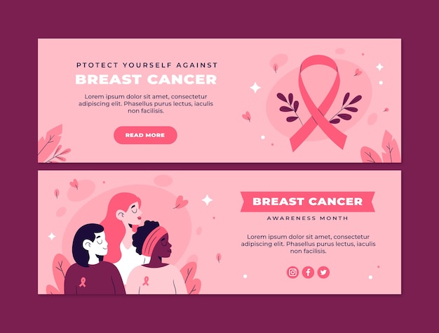 Vector gratuito banner horizontal plano dibujado a mano del mes de concientización sobre el cáncer de mama