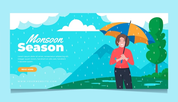 Banner horizontal plano de la temporada del monzón con mujer sosteniendo paraguas
