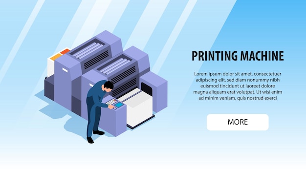 Banner horizontal de poligrafía para publicidad y más información sobre máquinas de impresión isométricas.