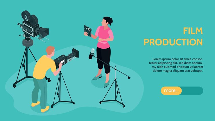 Vector gratuito banner horizontal de producción de cine isométrico con control deslizante de texto editable más botón y personajes de ilustración de vector de equipo de tiro